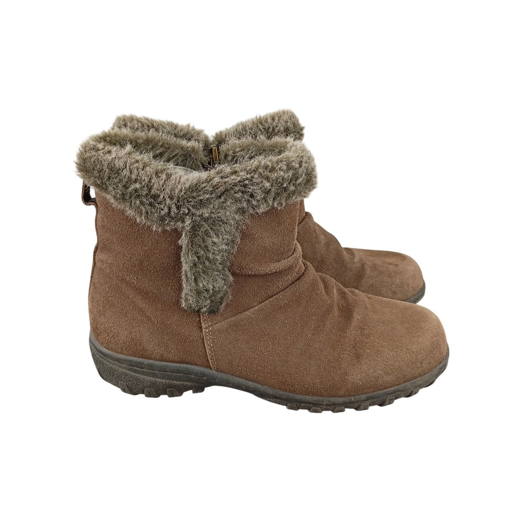 Khombu Lisa Brown Suede Faux Fur Trim Ankle Winter Boots Womens 7M Slouchy Zip
